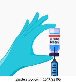 Hand in Medical Gloves Holding Covid-19 Vaccine While Sucking Its Liquid Using Syringe. Vaccination, Healthcare & Immunization Flat Design Cartoon Vector. Can be Used for Paper and Digital Infographic
