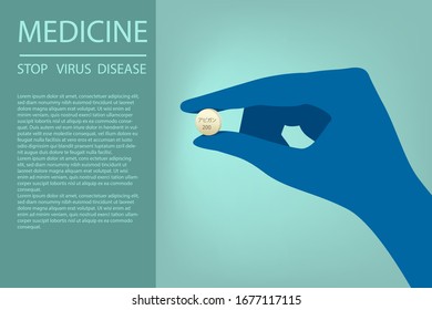 Hand with medical gloves holding Medicine tablet with text has meaning Favipiravir medicine or Avigan to treat virus include Covid-19 approved by China can use for anti Coronavirus Vector illustration