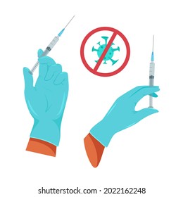 Hand in medical gloves holding a syringe set, vaccination against virus, vector illustration in flat style.