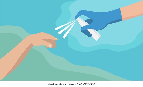 Hand in medical gloves with sanitizer. The Creation of Adam style, Michelangelo. Hygiene, disinfectant concept illustration. Flat drawing artwork.