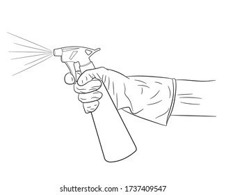 Hand in medical gloves with spray of antibacterial disinfectant, hand sanitizer. A disinfectant for the prevention of colds, viruses, coronaviruses, flu. Spray. Alcohol . Realistic 