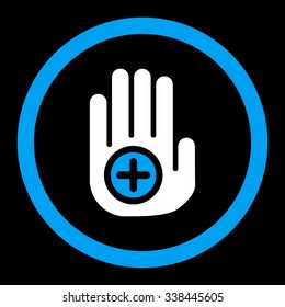 Hand Medical Marker vector icon. Style is bicolor flat rounded symbol, blue and white colors, rounded angles, black background.