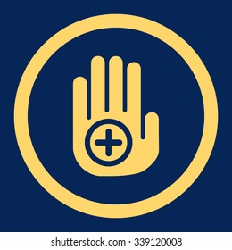 Hand Medical Marker vector icon. Style is flat rounded symbol, yellow color, rounded angles, blue background.