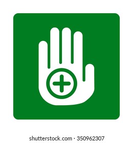 Hand Medical Marker vector icon. Style is flat rounded square button, white and green colors, white background.
