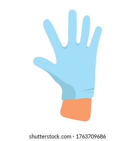 Hand in medical rubber gloves. Illustration of safety measures against covid-19 virus. Person puts on gloves.