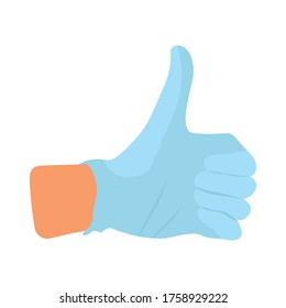 Hand in medical sterile rubber gloves. Illustration of safety measures against covid-19 virus. Thumb up.