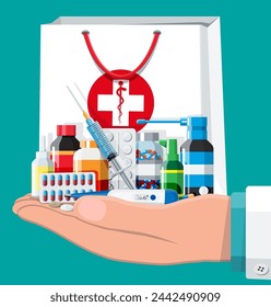 Hand with medicine collection in bag. Set of bottles, tablets, pills, capsules, sprays for illness and pain treatment. Medical drug, vitamin, antibiotic. Healthcare pharmacy. Flat vector illustration