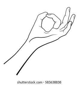Hand in meditation pose. Vector outline illustration.