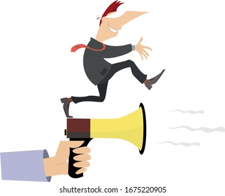 Hand with megaphone and blindfold man concept Illustration. Hand with megaphone shows a direction to the blindfold man isolated on white illustration
