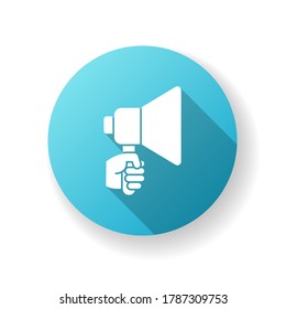 Hand with megaphone blue flat design long shadow glyph icon. Bullhorn for announcement. Public propaganda. Marketing campaign. Alert with urgent message. Silhouette RGB color illustration