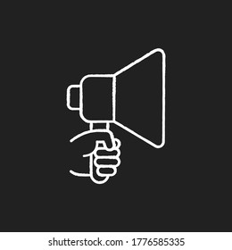 Hand with megaphone chalk white icon on black background. Bullhorn for announcement. Loud speaker. Public propaganda. Marketing campaign. Noise and volume. Isolated vector chalkboard illustration