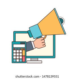 hand with megaphone and computer screen
