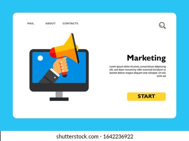 Hand with megaphone emerging out of computer monitor screen. Information, optimization, promotion. Influencer marketing concept. Can be used for topics like business, technology, advertising.