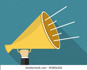 Hand with megaphone, flat design with long shadow, vector eps10 illustration