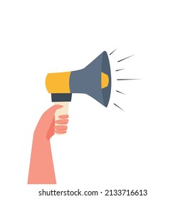 Hand with megaphone. Hand holding loudspeaker. Vector illustration.