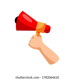 Hand with megaphone. Isolated hand holding megaphone icon. Vector loud speaker. Announcing business message, marketing, public speech and communication concept