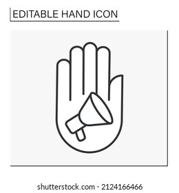  Hand with megaphone line icon. Advertising, product promotions by megaphone.Hand concept. Isolated vector illustration. Editable stroke