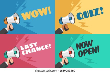 Hand with megaphone. Loudspeaker with advertising speech bubble, promotion announcement, social media landing page template, announcing vector set