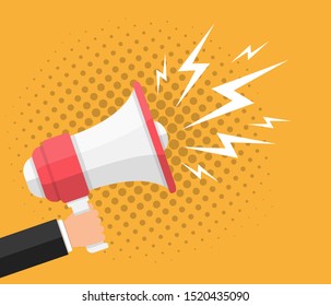 Hand with megaphone on yellow background, halftone shadow, flat design, vector eps10 illustration
