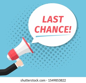 Hand with megaphone with phrase 'Last Chance' on yellow background, halftone shadow, flat design, vector eps10 illustration