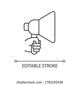 Hand with megaphone pixel perfect linear icon. Bullhorn for announcement. Public propaganda. Thin line customizable illustration. Contour symbol. Vector isolated outline drawing. Editable stroke