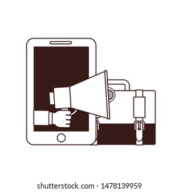 hand with megaphone and smartphone