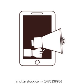 hand with megaphone and smartphone