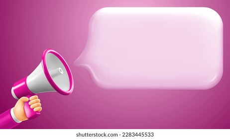 Hand with megaphone speaker on pink background. Banner template with conceptual design for advertising of sale, discounts, digital marketing etc. Vector 3d realistic illustration