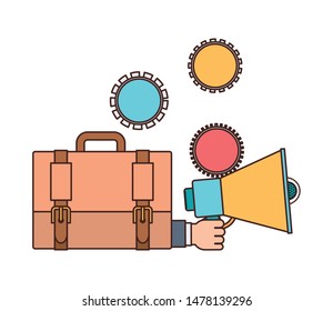 hand with megaphone and suitcase in white background