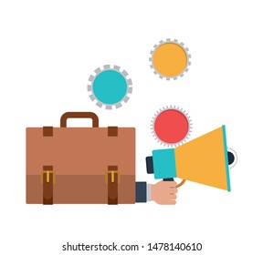 hand with megaphone and suitcase in white background