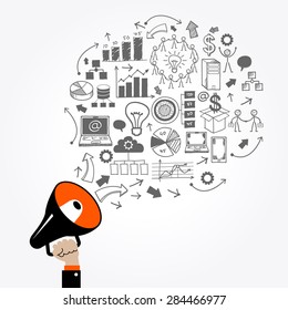 Hand with megaphone, surrounded by doodle business icons. 
The concept of marketing business.