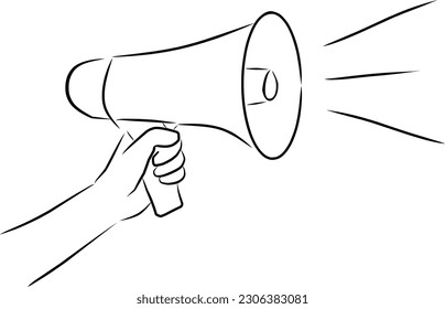 Hand with megaphone, vector. Hand drawn sketch. Hand with a megaphone, advertising, announcement.