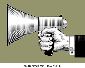 Hand with a megaphone. Vintage engraving stylized drawing. Vector illustration