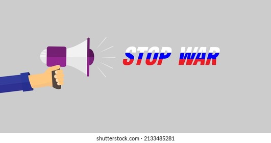 A hand with a megaphone and the words STOP WAR in the colors of the Russian flag.