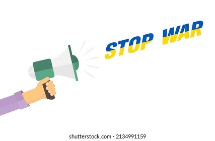 hand with a megaphone and the words STOP THE WAR in the colors of the Ukrainian flag.