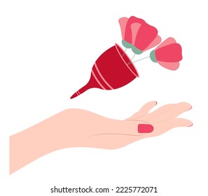 Hand with a menstrual cup and flowers. Eco protection for woman in critical days. Feminine hygiene.