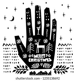 Hand with merry christmas elements and lettering. 
Texture for season winter design. For Christmas poster.