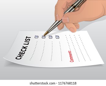 Hand with metal ballpoint pen. He puts a tick in the check-list against the completed cases or tasks. Shopping list. White sheet-template, to-do list. Form to fill. Vector illustration.