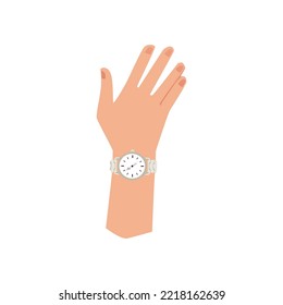 Hand with metal mechanical wrist watch, flat vector illustration isolated on white background. Female hand with elegant clock. Concepts of time and accessories.