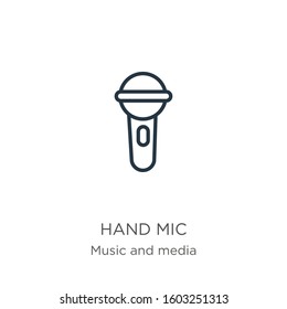 Hand mic icon. Thin linear hand mic outline icon isolated on white background from music and media collection. Line vector sign, symbol for web and mobile