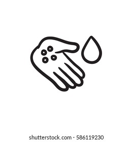 Hand mit Mikroben, Vektorgrafik Symbol einzeln auf Hintergrund. Handgezeichnete Hand mit Mikrobensymbol. Hand mit Mikroben Skizze Symbol für Infografik, Website oder App.