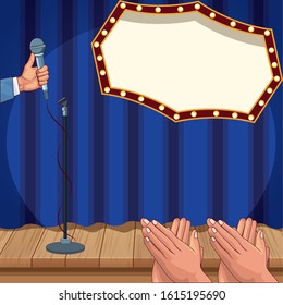 hand with microphone applauses billboard stage stand up comedy show vector illustration