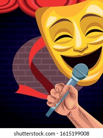 hand with microphone and comedy theater mask stand up comedy show vector illustration