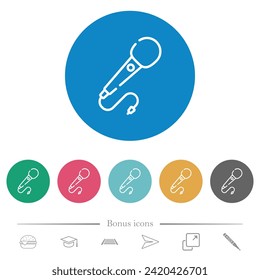 hand microphone with cord outline flat white icons on round color backgrounds. 6 bonus icons included.
