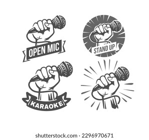 Hand with microphone. Emblem set karaoke, open mic, stand up