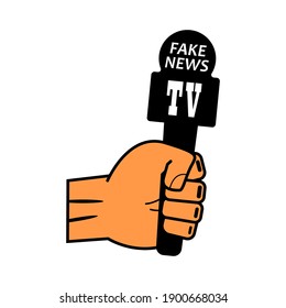 Hand and microphone fake news on white background, symbol or sign for design, vector illustration