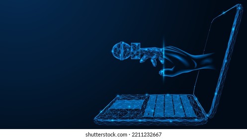 Hand mit dem Mikrofonfinger kommt aus dem Laptop-Monitor. Polygonale Konstruktion von Linien und Punkten. Blauer Hintergrund.