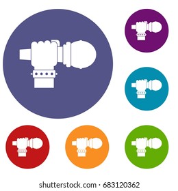 Hand microphone icons set in flat circle red, blue and green color for web