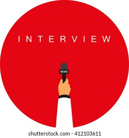Hand with microphone.  The inscription in the circle of interview