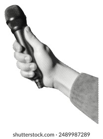 hand with microphone isolated on white background retro halftone grunge dotted effect vintage collage element for mixed media design 